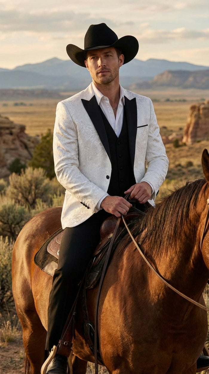 Men’s White Paisley Cowboy Tuxedo with Black Satin Lapel – Western Formal Wedding Suit Jacket