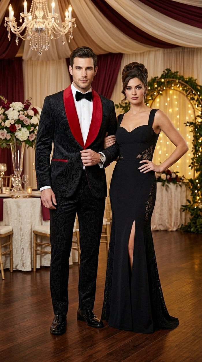 Men’s Black Paisley 2 Piece Suit with Red Shawl Lapel, Formal Wedding Prom Party Suit Set
