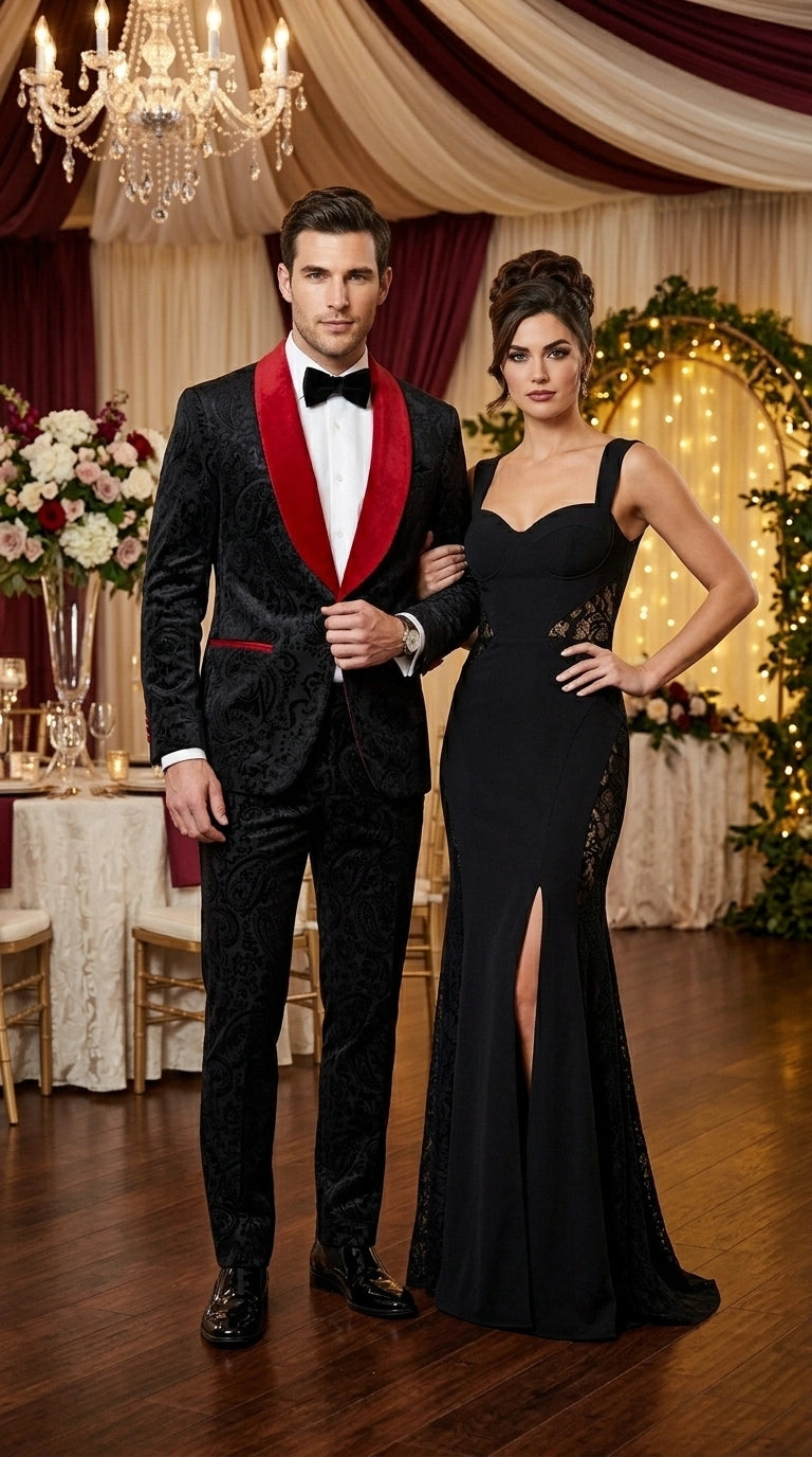Men’s Black Paisley 2 Piece Suit with Red Shawl Lapel, Formal Wedding Prom Party Suit Set