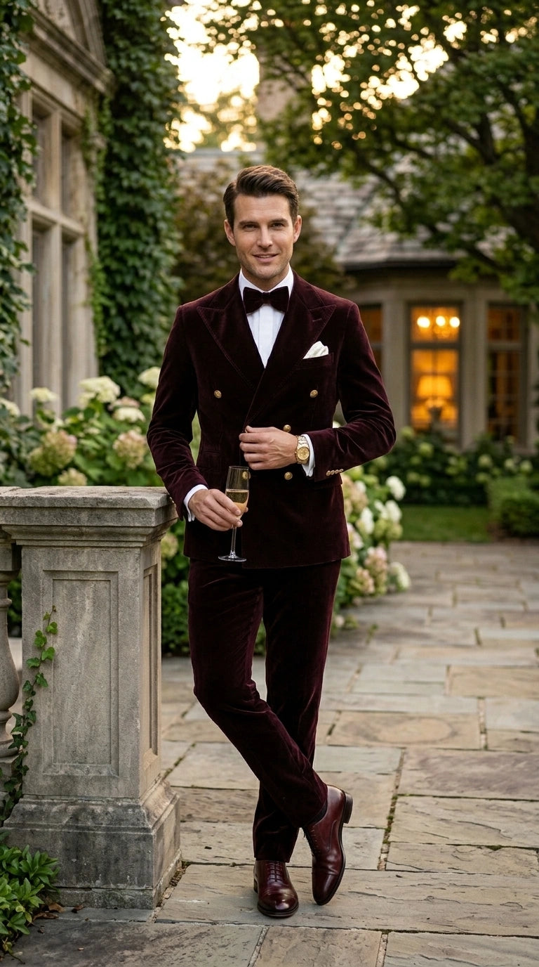 Men’s Dark Brown Velvet Blazer and Pants 2 Piece Suit, Double Breasted Formal Dinner Suit for Weddings, Prom