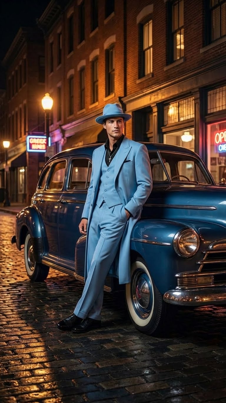 Light blue men's zoot suit: long jacket, wide lapel, fitted waist, tapered trousers. Smooth, likely lightweight fabric. Black shirt, matching accessories. Classic style.
