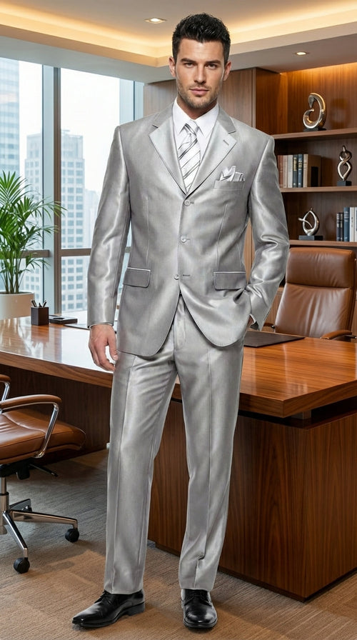 Men’s Silver Grey Sharkskin Suit – 3 Button Classic Fit Shiny Formal Suit for Wedding, Business and Party Wear