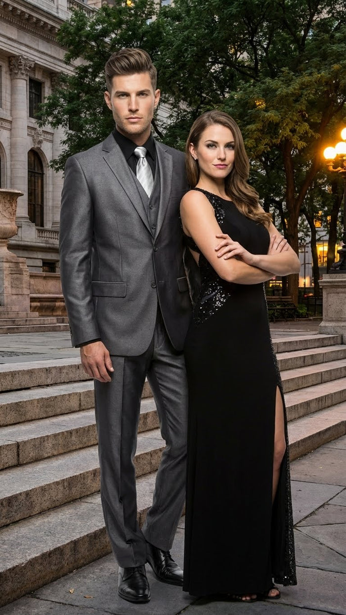 Alberto Nardoni charcoal gray suit. Sleek, fitted silhouette with subtle sheen. Single-breasted jacket, standard lapels, and straight-cut trousers. Uniform color, no patterns.
