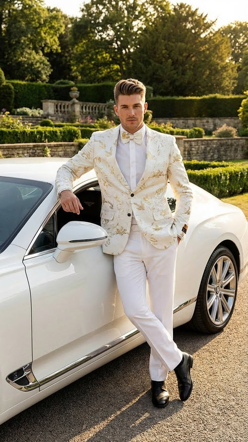 Alberto Nardoni men's blazer. White with gold floral pattern, single-breasted design. Structured, polished texture. Features notched collar, and a left-side pocket.
