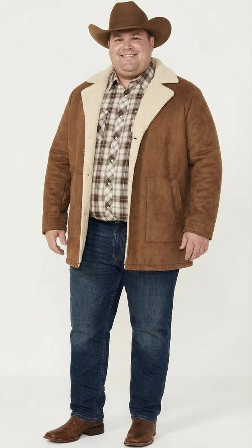 Men’s brown western faux suede blazer coat features a relaxed fit with long sleeves, a shawl collar lined in cream, and two front pockets. The blazer has a solid brown color with a smooth texture.