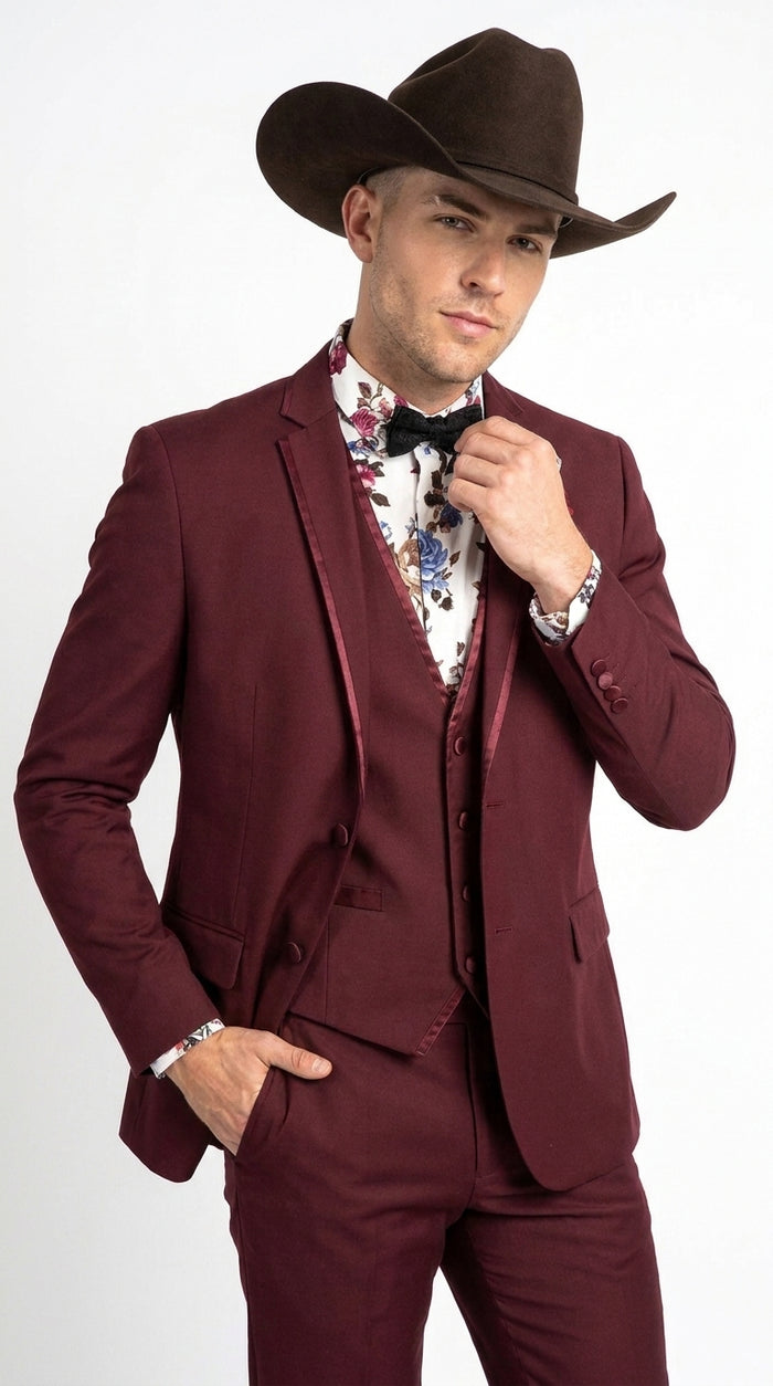 Men’s Burgundy Western Tuxedo Suit, 3 Piece Cowboy Formal Wedding Prom Suit with Satin Trim