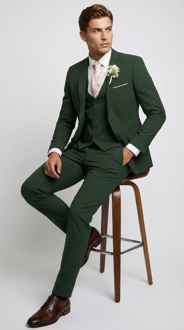 Men’s Forest Green 3 Piece Wedding Suit, Formal Groom Groomsmen Dress Suit Set