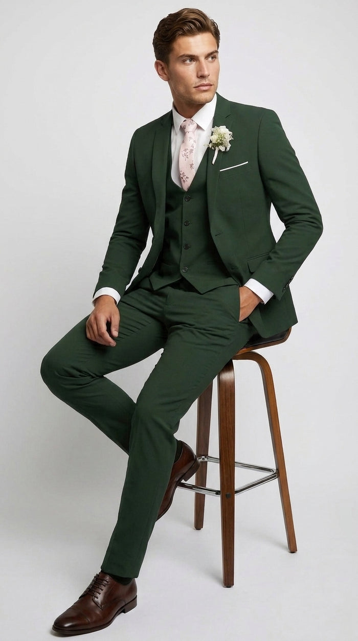 Men’s Forest Green 3 Piece Wedding Suit, Formal Groom Groomsmen Dress Suit Set