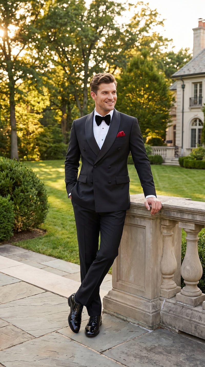 Men’s Black Double Breasted Evening Wear Suit with Satin Shawl Lapel and Red Pocket Square
