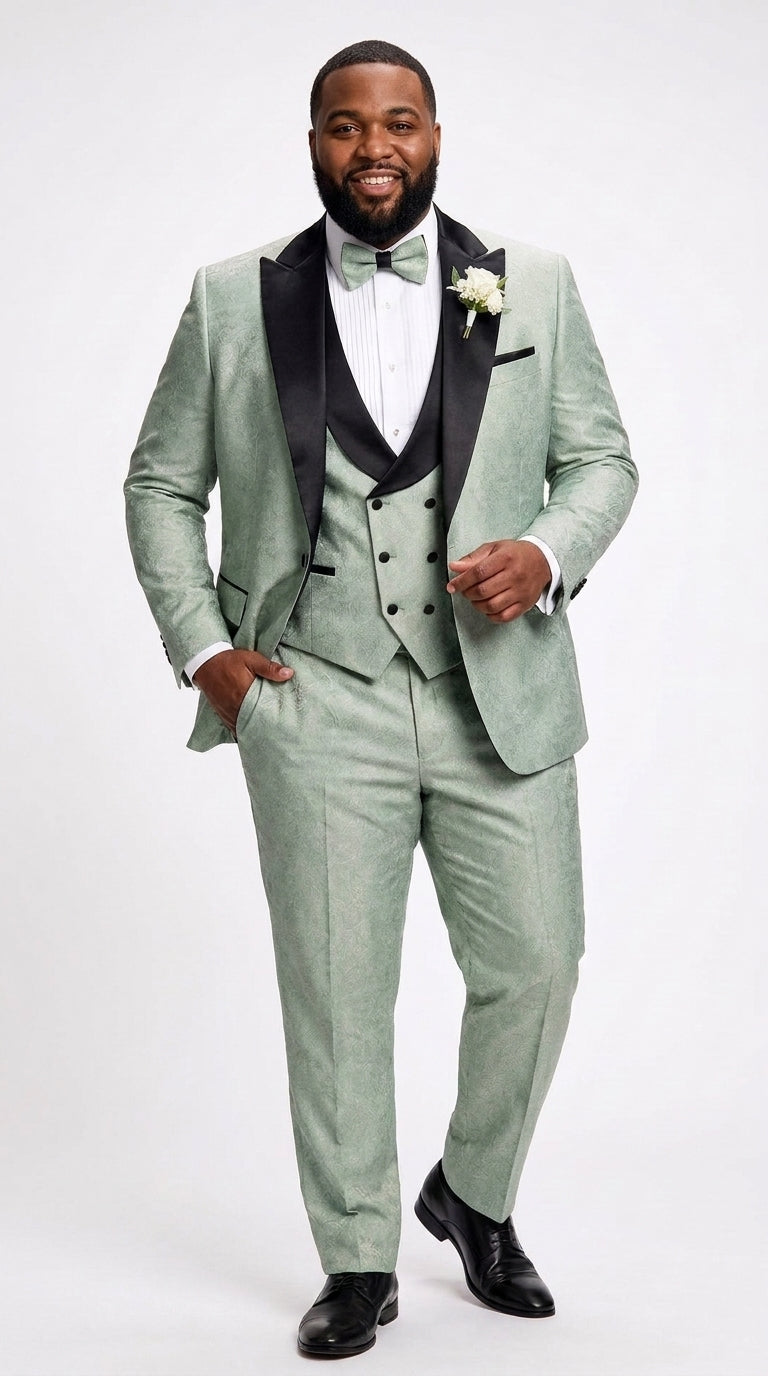 Men’s Sage Green Wedding Tuxedo with Black Shawl Lapel – 3 Piece Groom Prom Suit Mintish Color