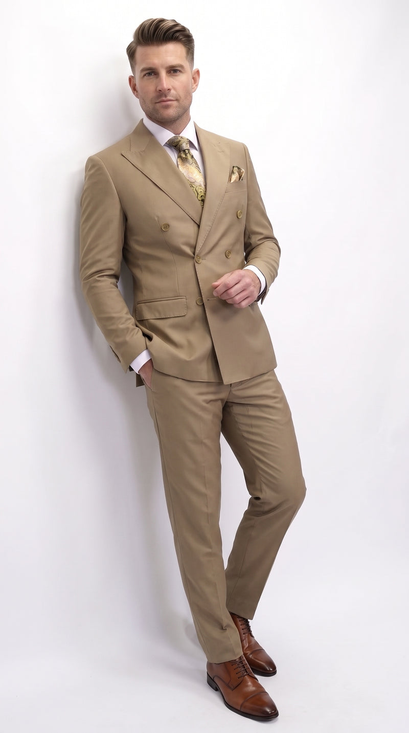 Men’s Statement Brand Caramel Khaki Double Breasted Wool Suit, Designer Formal Business Suit Set Wool Suit in Camel Color
