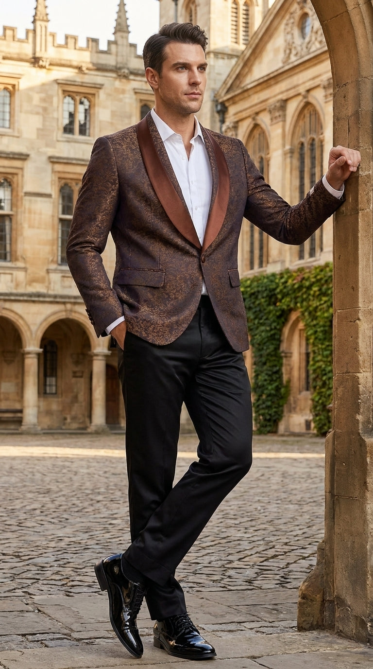 Men’s Light Brown Paisley Tuxedo Jacket, Wedding Prom Dinner Blazer with Satin Shawl Lapel