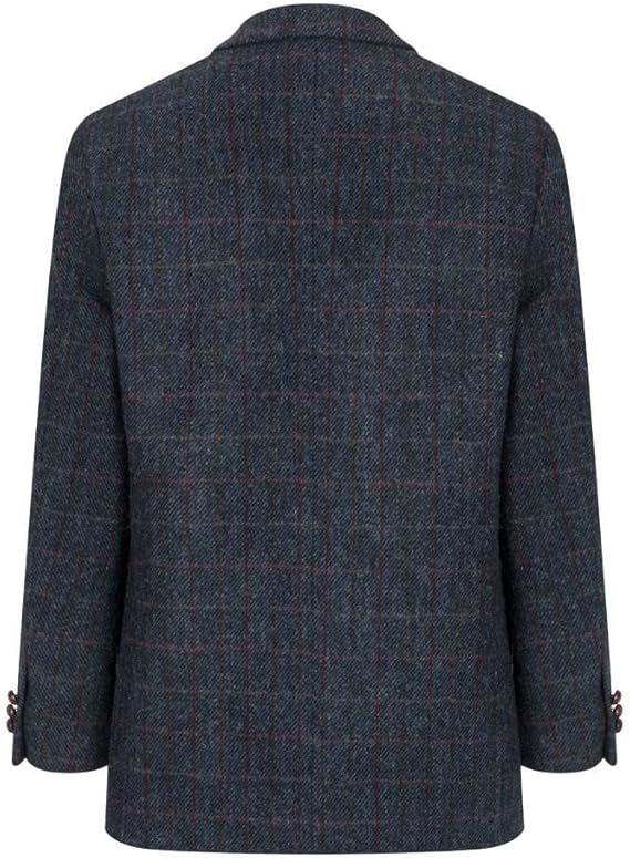 Harris Tweed Blakemore blazer by Walker and Hawkes. Structured, notched collar, dark blue patterned fabric with subtle checks and maroon lines. Flat back, button cuffs.
