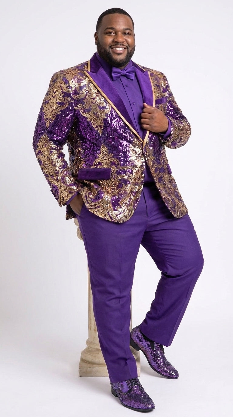 Men’s Purple and Gold Sequin Suit with Pants – Luxury Prom, Wedding and Party Blazer