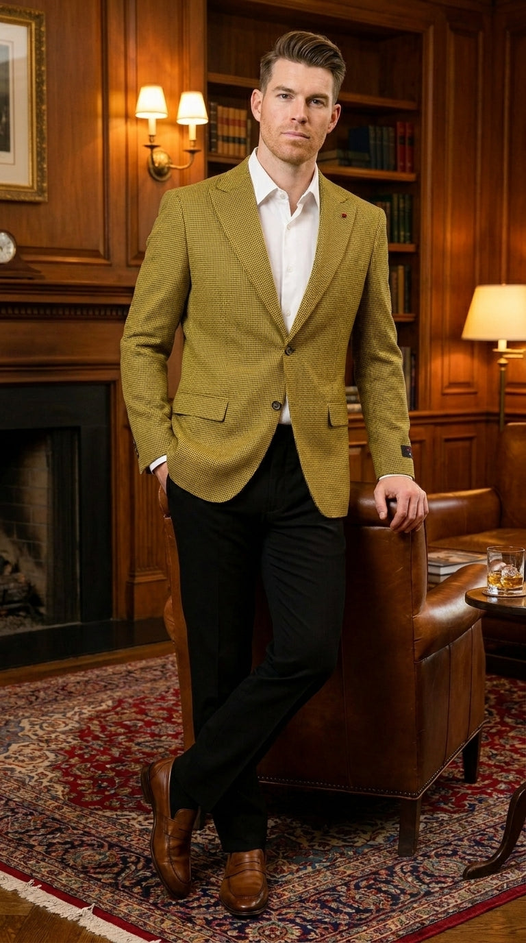 Men’s Mustard Gold Yellow Houndstooth Blazer Jacket, Check Pattern Formal Sport Coat for Weddings, Prom, Business 2 Buttons Modern Fit