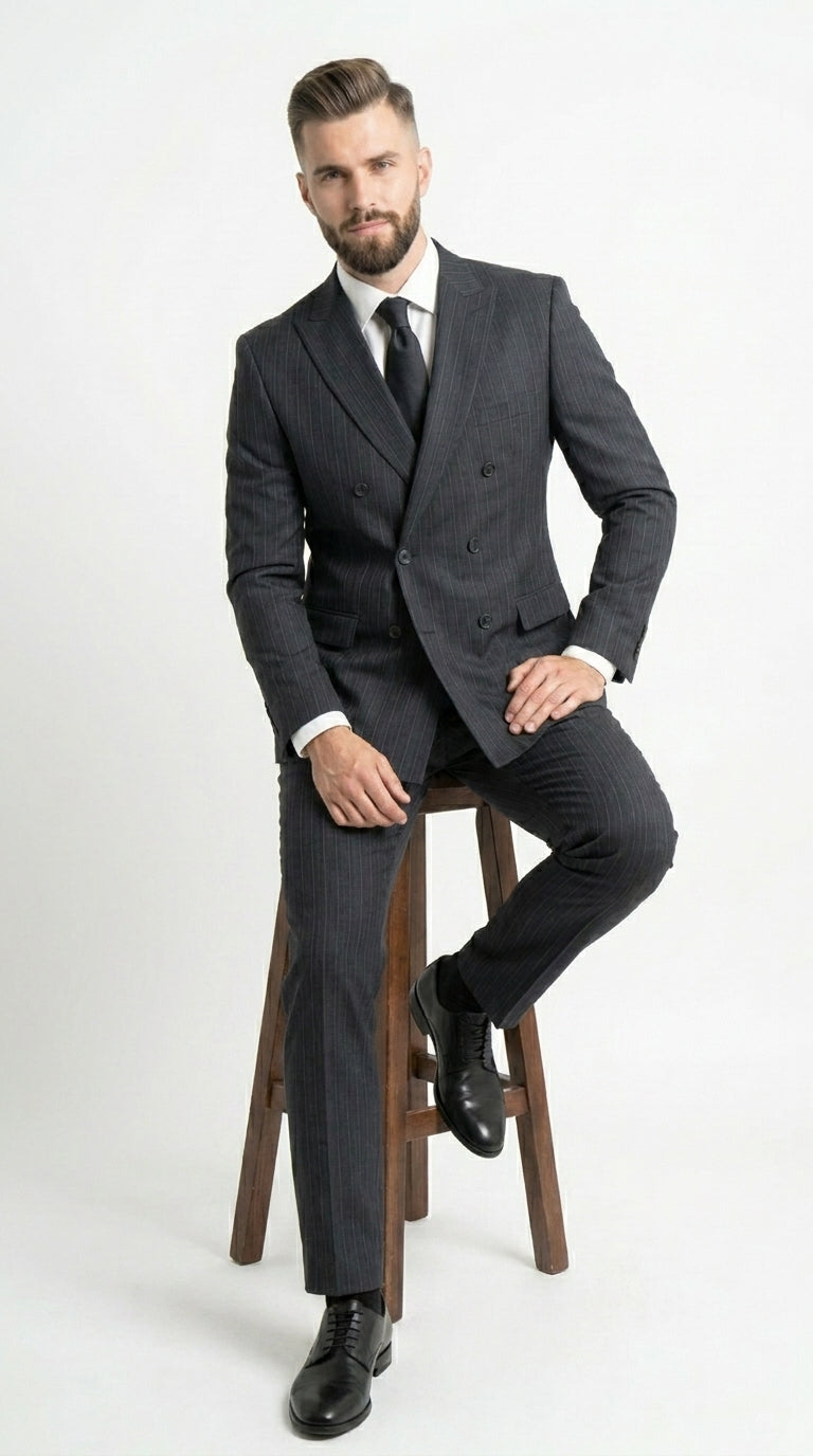 Men’s Black Pinstripe Double Breasted Suit – Classic Formal Business Suit Office and Evening Wear Modern Fit Conservative pattern