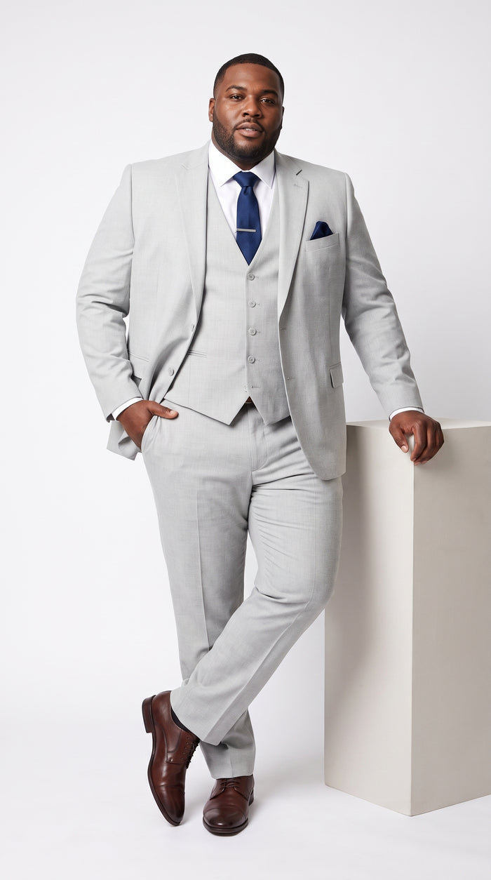 Men’s Silver & Navy Blue 3-Piece Suit – Wedding, Business and Formal Suit with Free Matching Tie