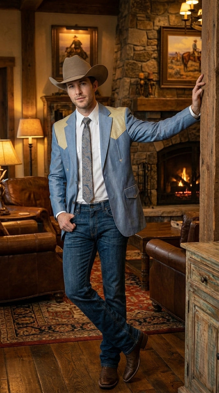 Men’s Steel - Light Blue and Bone Color Western Cowboy Blazer – Shiny Country Style Dress Jacket for Rodeo Saco De Hombre Vaquero
