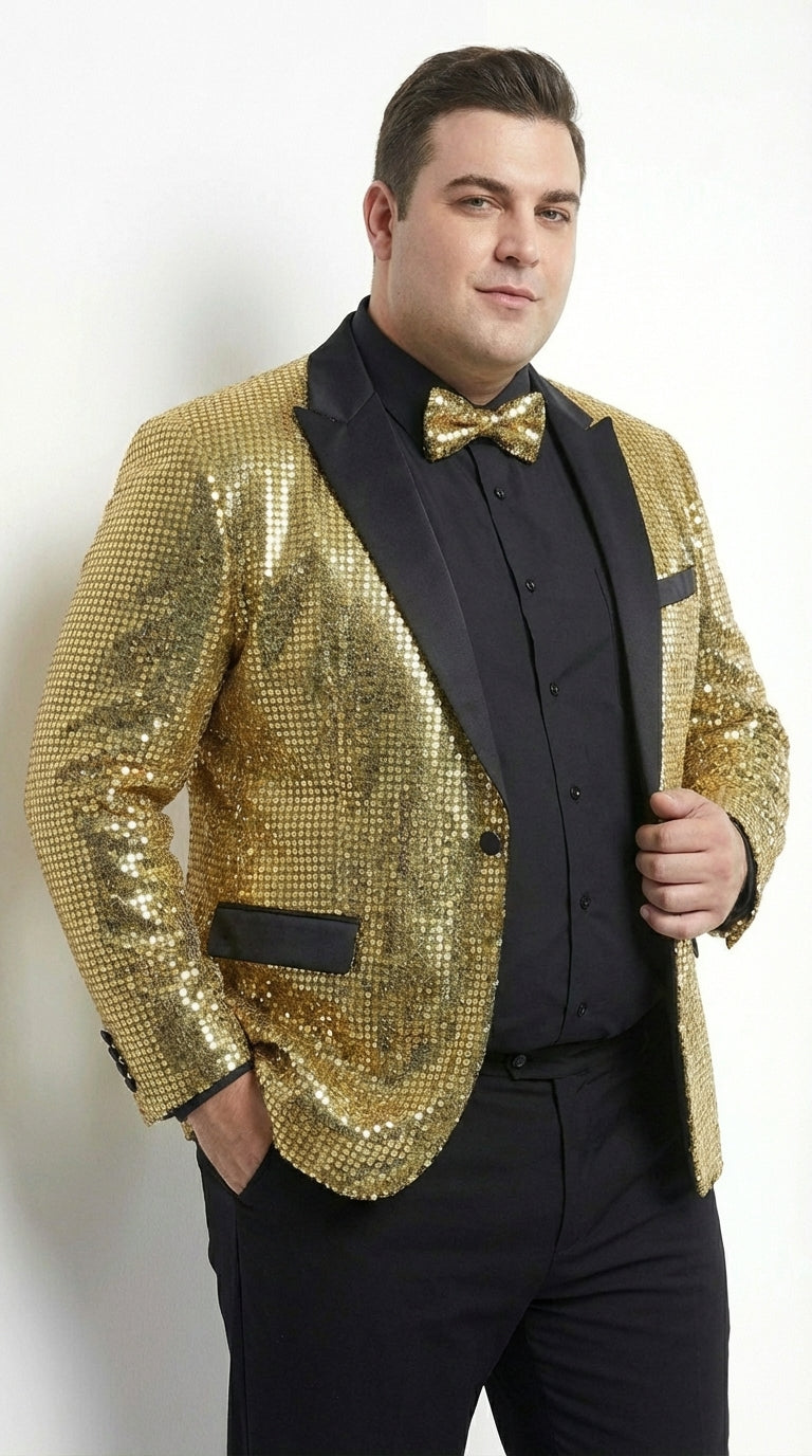 Mens Gold Sequin Blazer with Black Satin Lapel – Gold Formal Party Blazer Jacket for Prom, Wedding and Stage Events