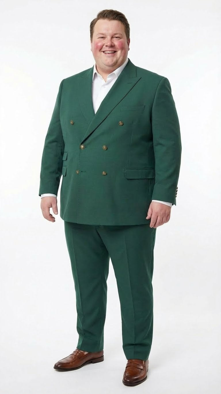 Men's emerald green double-breasted suit by Vitali, featuring a structured blazer with gold buttons and matching trousers, made from a smooth fabric.