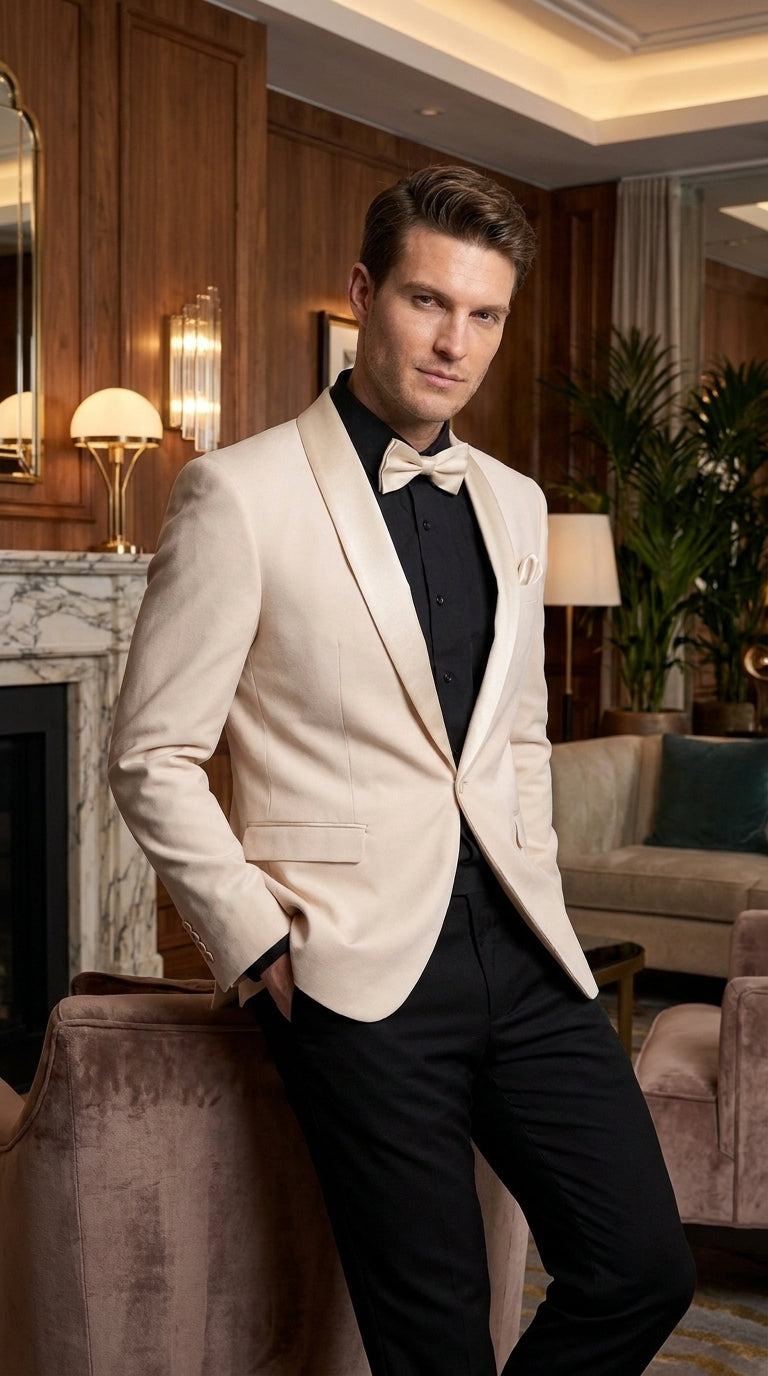 Men’s Champagne Tuxedo Dinner Jacket with Black Pants – Shawl Lapel Wedding, Prom and Formal Blazer