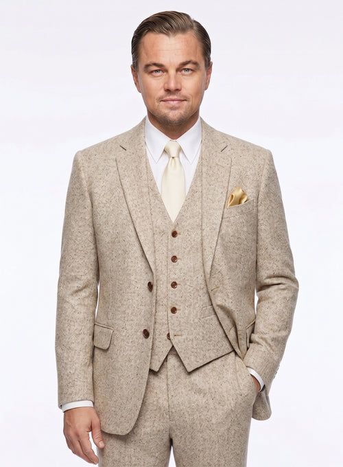 Men’s Light Tan Tweed Great Gatsby 3 Piece Suit – Vintage Vested Wedding Suit, 1920s Classic Formal Outfit Herringbone