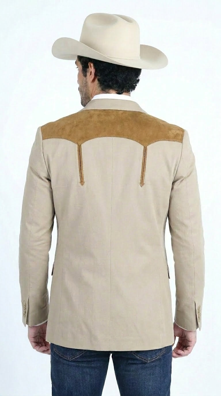 Men’s Khaki Western Blazer with Suede Yokes, Cowboy Sport Coat , Ranch and Country Events in Tan Khaki Color By Platini