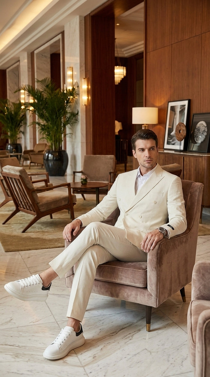 Men’s Ivory Cream Double-Breasted Linen Suit – Off-White Summer Wedding Slim Fitted 2-Piece Suit Cream Color