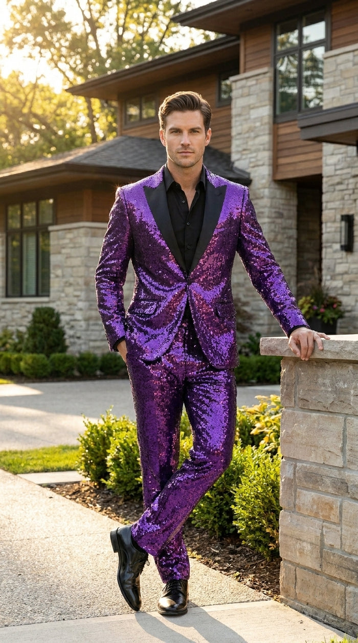 Men’s Purple Glitter Tuxedo Suit with Black Lapel, Party Stage Performance Formal Suit