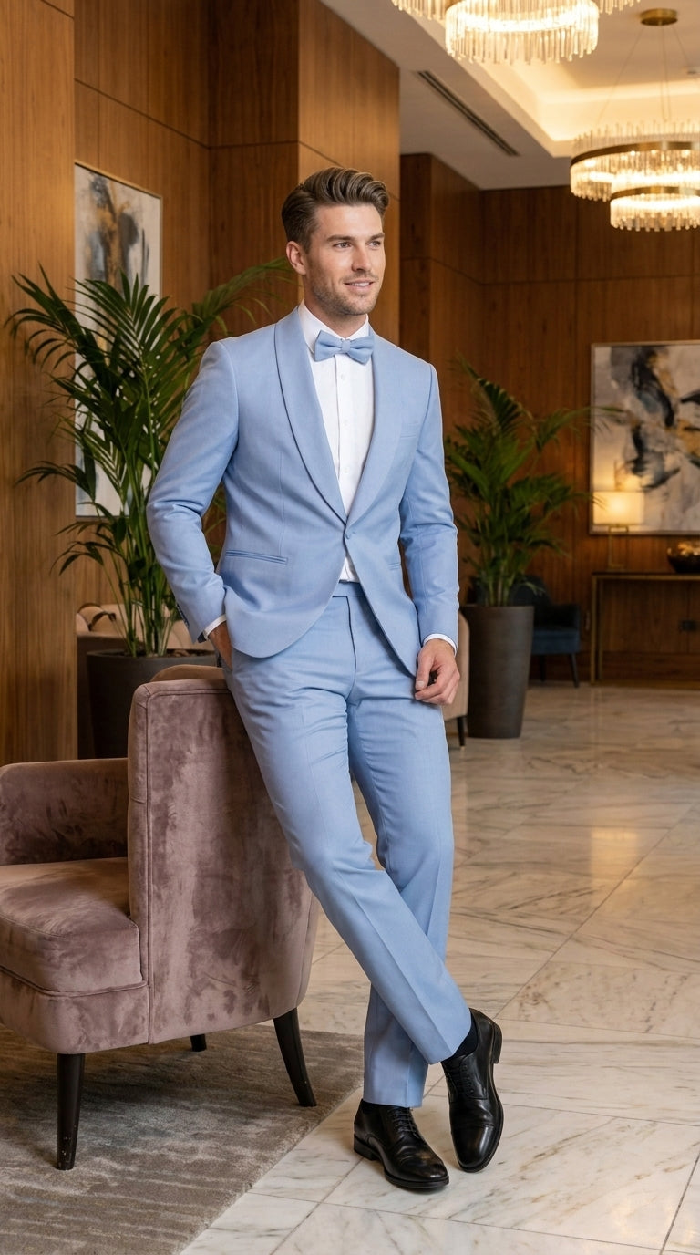 Men’s Powder Blue 2 Piece Tuxedo Suit – Light Blue Wedding Prom Tux with Matching Pants Light Baby Blue