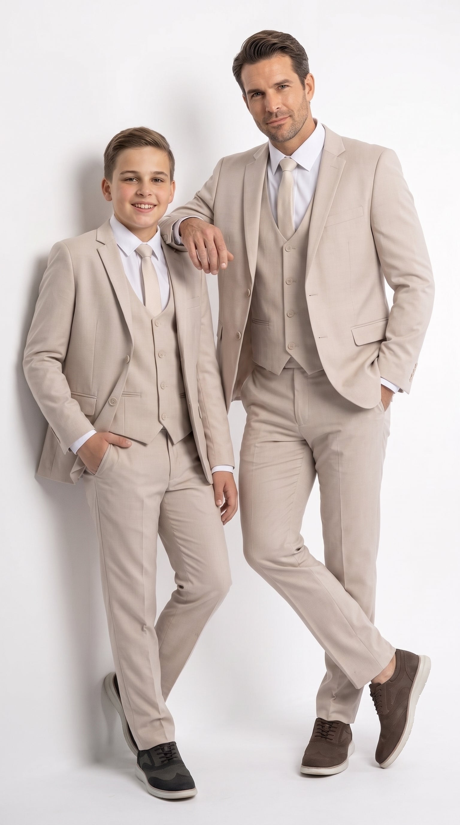 Dad & Son Matching Beige 3-Piece Suits – Father and Son Wedding Formal Suits in Tan Color