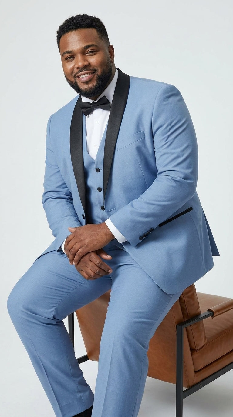Men’s Powder Blue 3 Piece Tuxedo Suit – Light Blue Shawl Lapel Wedding Prom Suit with Vest