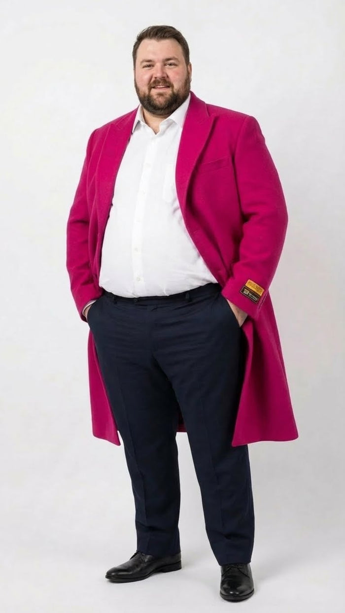 Men's hot pink wool blend overcoat. Long, relaxed fit with notch lapel and two front pockets. Soft, textured fabric.
