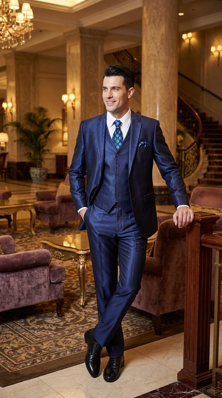 Men's Shiny Navy Blue Sateen 3-Piece Suit – Elegant Wedding, Prom Dress Suit with Matching Vest and Pants Slim Fitted
