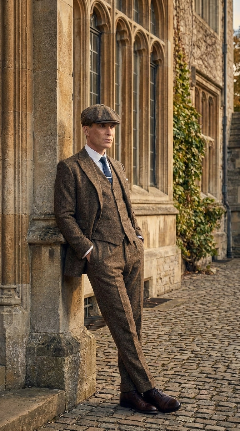 Men's Thomas Shelby Brown Tweed Herringbone 3-Piece Suit – Peaky Blinders 1920s Vintage-Style Suit with Matching Vest & Trousers