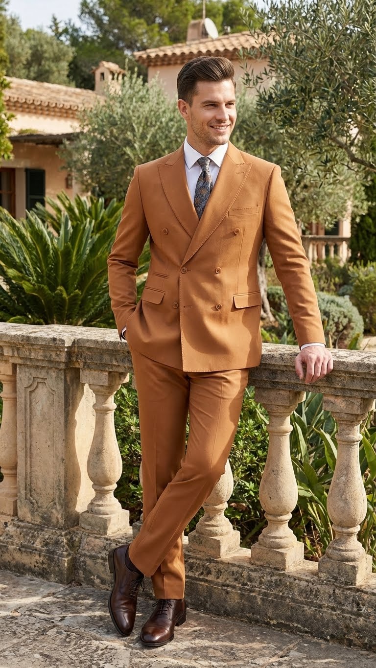 Rust-brown double-breasted slim fit suit with a notched lapel. Matching, tapered pants. Smooth fabric, no patterns. Paired with brown dress shoes.
