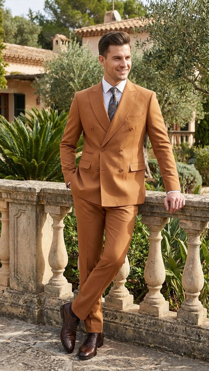 Rust-brown double-breasted slim fit suit with a notched lapel. Matching, tapered pants. Smooth fabric, no patterns. Paired with brown dress shoes.
