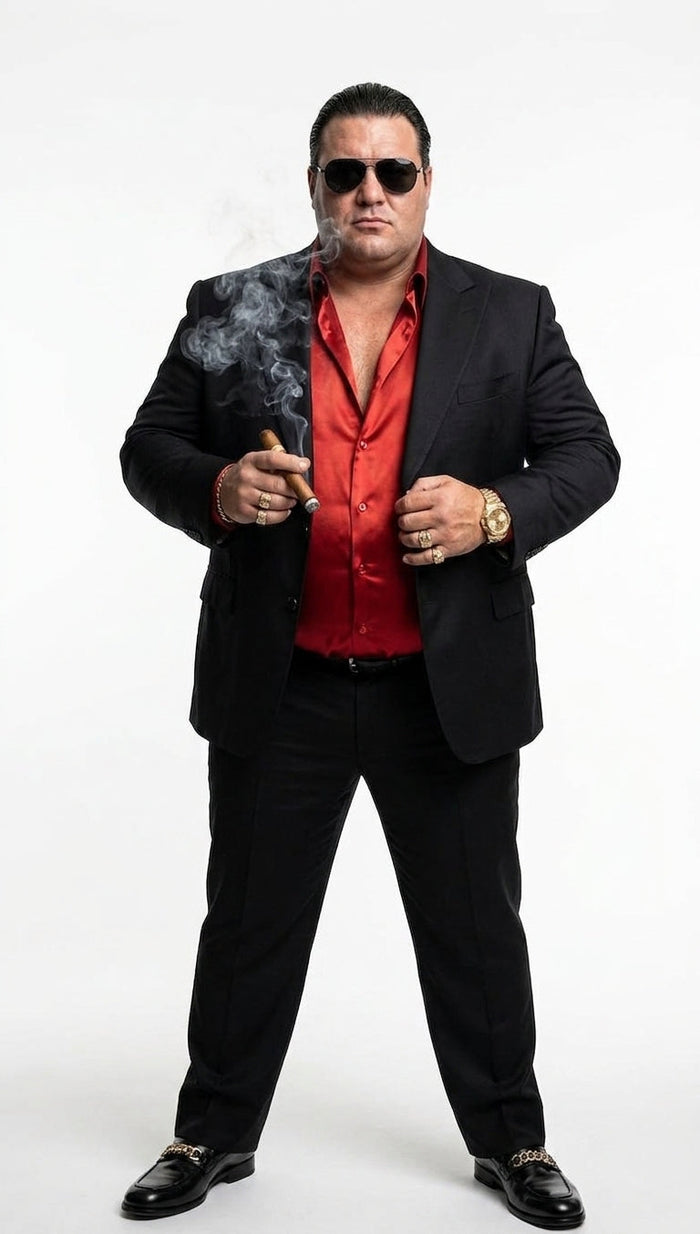 Tony Montana’s Black Blazer with Red Sateen Shirt – Men’s Black Formal Blazer and Red Satin Style Shirt Outfit for Party, Wedding and Vintage Wear