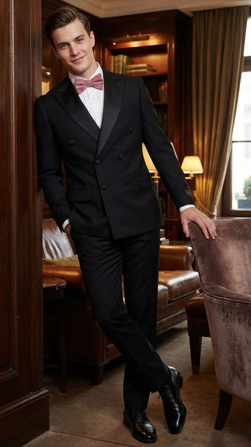 Classic black double-breasted tuxedo in Super 150s Italian wool. Fitted silhouette, peaked lapels, and six buttons. Includes matching tailored trousers, white dress shirt, and pink bow tie.