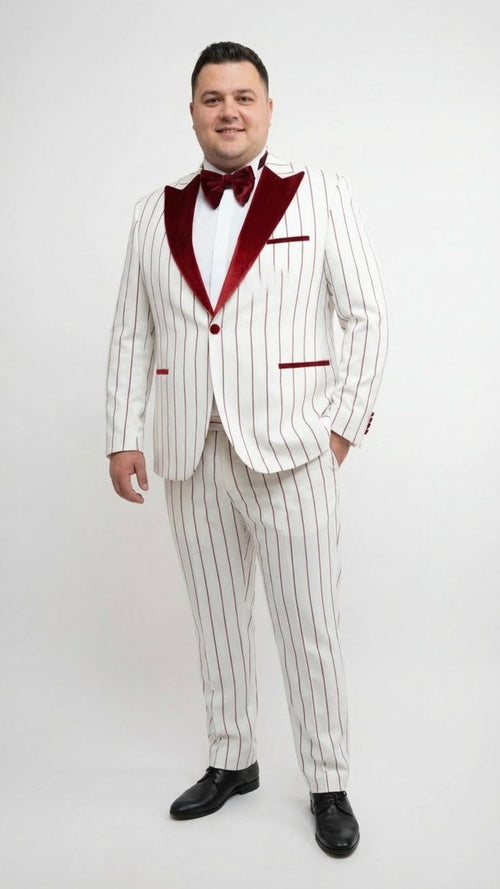 Men's pinstripe tuxedo: white & dark red. Velvet shawl lapel, red accent pockets. Trousers match pinstriped jacket pattern. A stylish formal suit.
