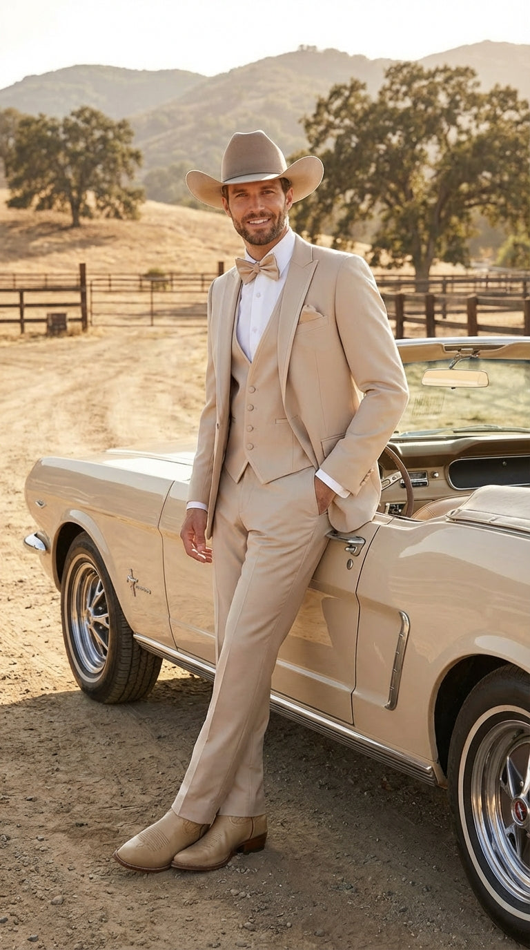 Mens Beige Tan Khaki CowboyTuxedo Suit – Western Formal Three Piece Suit with Jacket Vest and Pants
