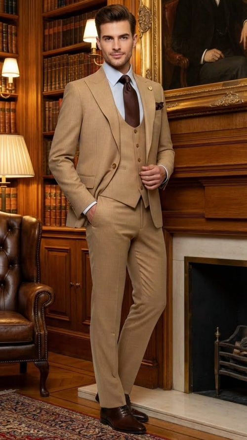 Alberto Nardoni men's tan three-piece suit: slim-fit jacket with notch lapel, matching vest, and straight-leg trousers. Smooth, potentially wool-blend fabric.
