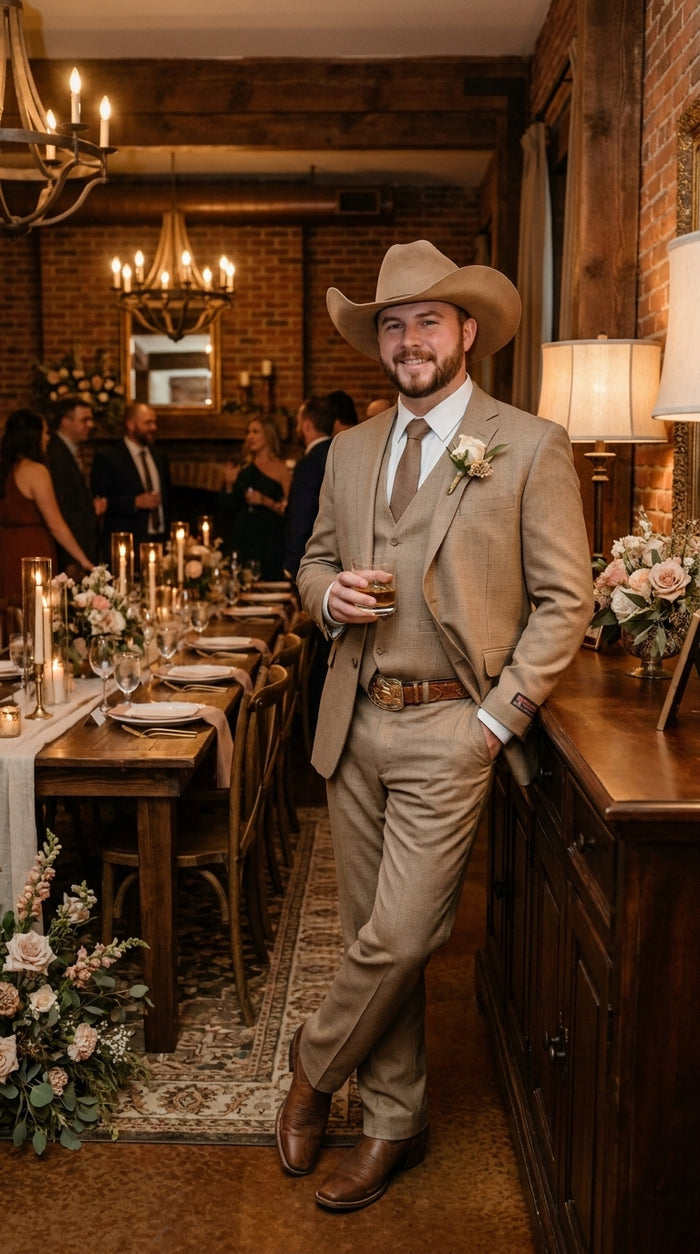 Mens Sharkskin Dark Taupe Tan with sheen Western 3 Piece Suit – Classic Country Style Blazer Vest Pants Set, Formal Cowboy Suit Outfit