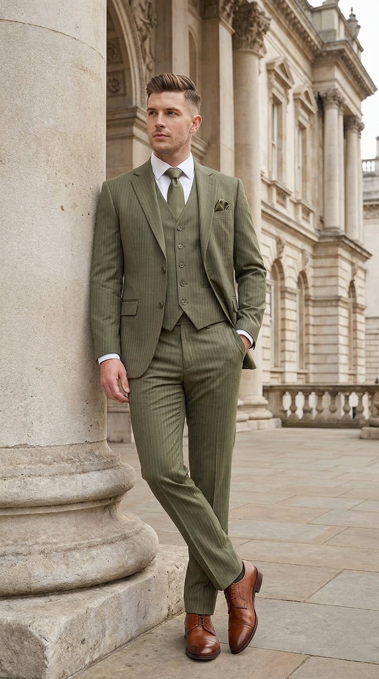 Men’s Olive Green Tone-on-Tone Shadow Pinstripe  3 Piece Suit – Modern Formal Suit with Vest Shadow Stripe