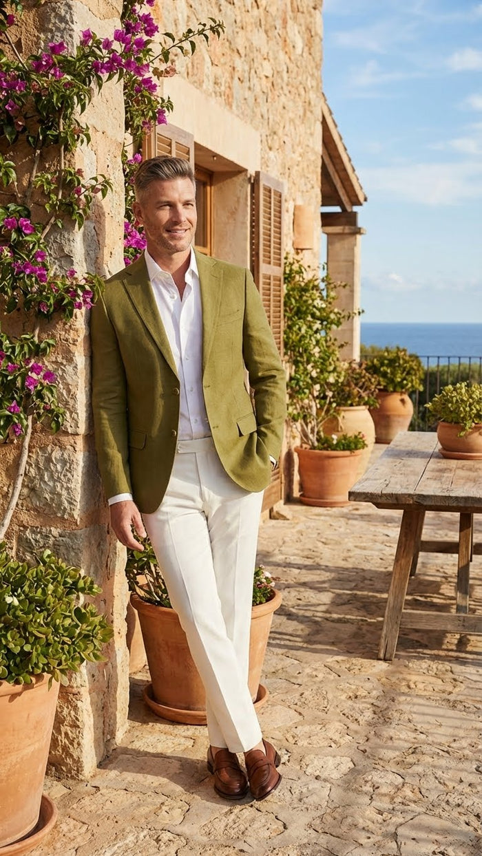 Alberto Nardoni men's olive green blazer. Tailored, single-breasted with notch lapel and two pockets. Textured fabric suggests a stylish, sophisticated look.
