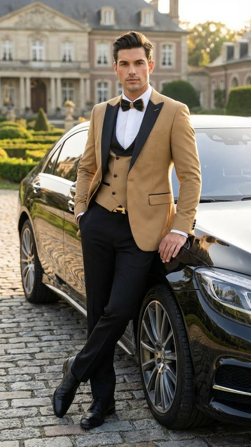 Men's Dark Camel Tan Khaki and Black Great Gatsby Tuxedo Suit â€“ Vintage 1920s Formal Wedding, Party and Event Wear