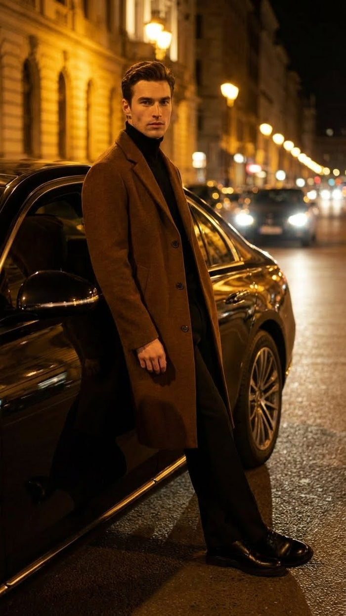 Alberto Nardoni men's brown wool overcoat. Fitted, straight silhouette. Classic button closure, notched collar, long sleeves. Mid-calf length. Rich, smooth, uniform wool texture.

