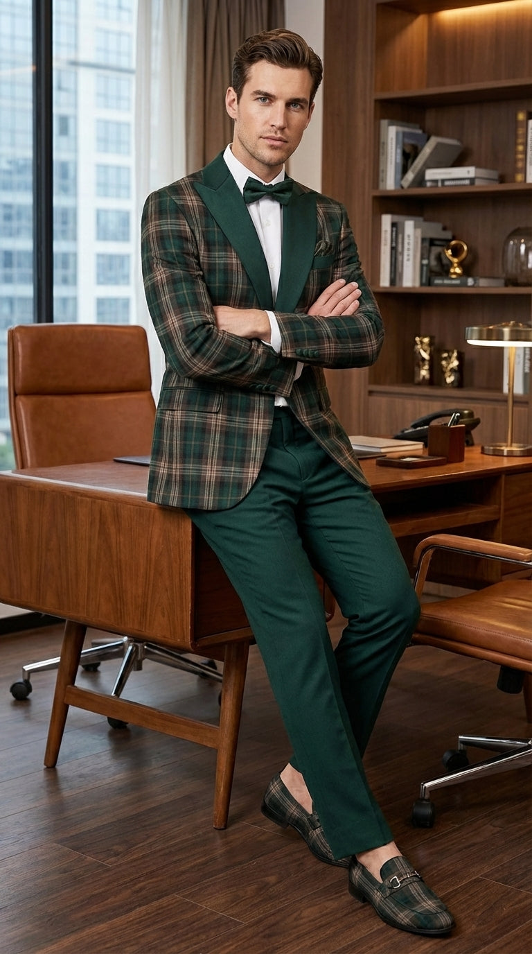 Mens Tartan Green and Brown Blue Plaid Tuxedo Dinner Jacket Set – Checkered Prom Blazer with Dark Green Pants Formal Wedding Party Wear