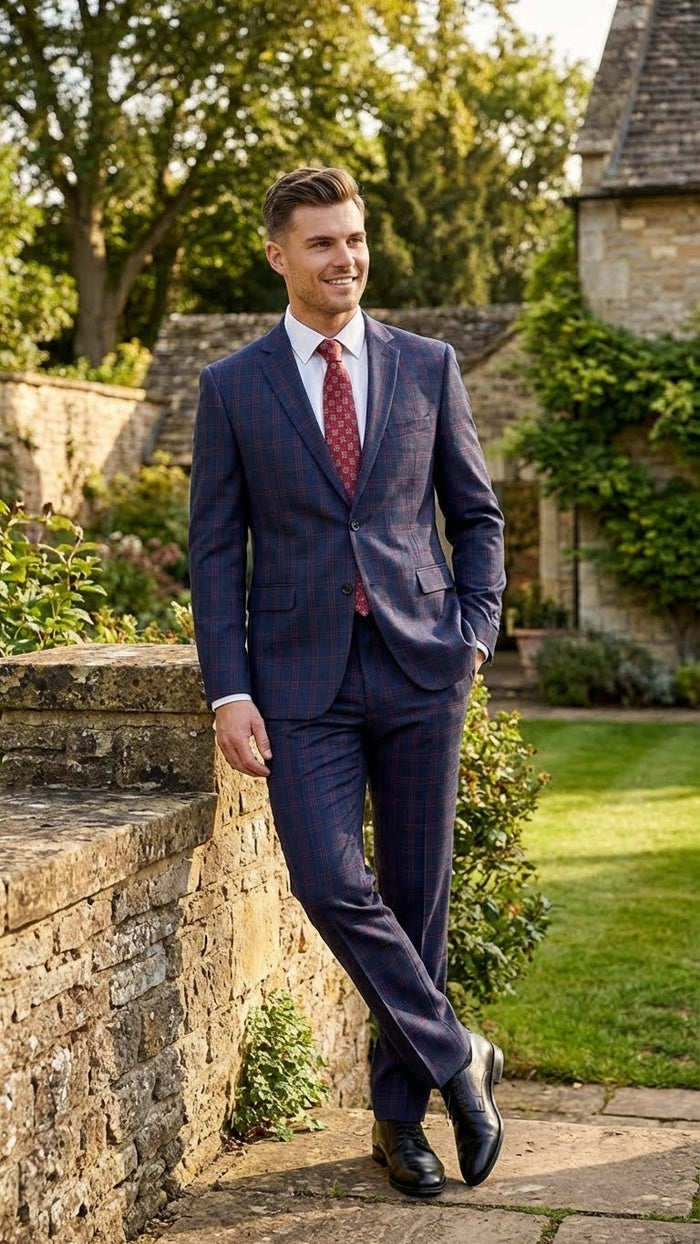 Navy and burgundy checkered men's two-piece suit. Fitted blazer and trousers feature a plaid windowpane pattern. Contrasting colors create a stylish look.

