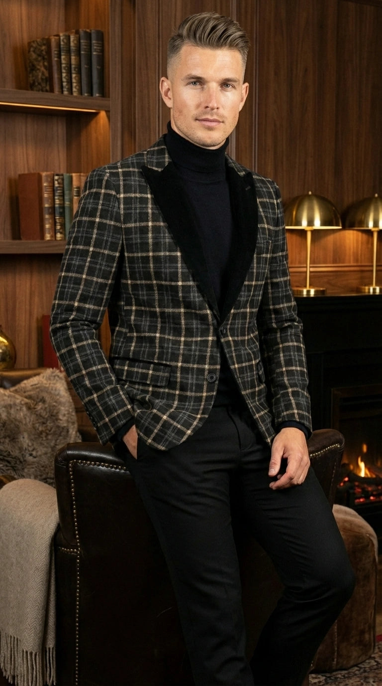 Mens Tartan Black and Gold Check Blazer – Windowpane Plaid Sport Coat Velvet Lapel Formal Party Jacket Chirsitmas New Year Holiday Jacket